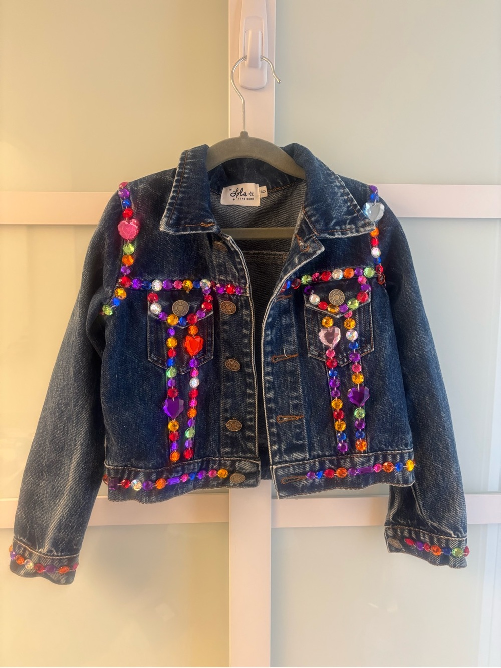 Lola + The Boys Dark Blue Denim Jacket with Multicolor Jewel Embellishments